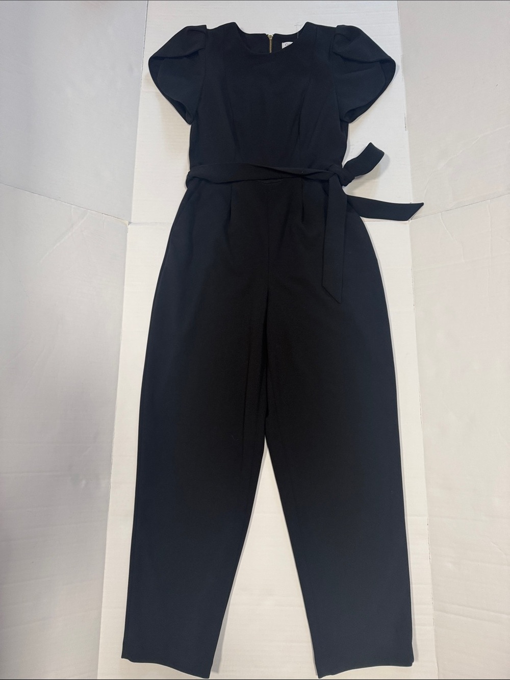 Calvin Klein Black Puff-Sleeve Belted Jumpsuit